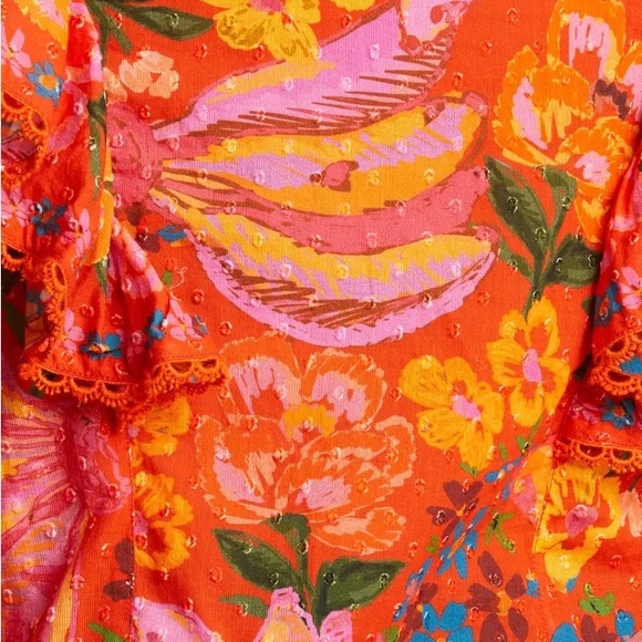 Farm Rio Bananas Ruffle Clip Dot Textured Cotton Blouse RED Puff Sleeve XS - Picture 6 of 7